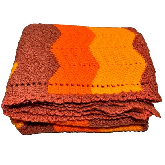 Homemade Crocheted Chevron Zig Zag Afghan Throw Blanket Retro Brown 59" x 55" - Picture 4 of 15